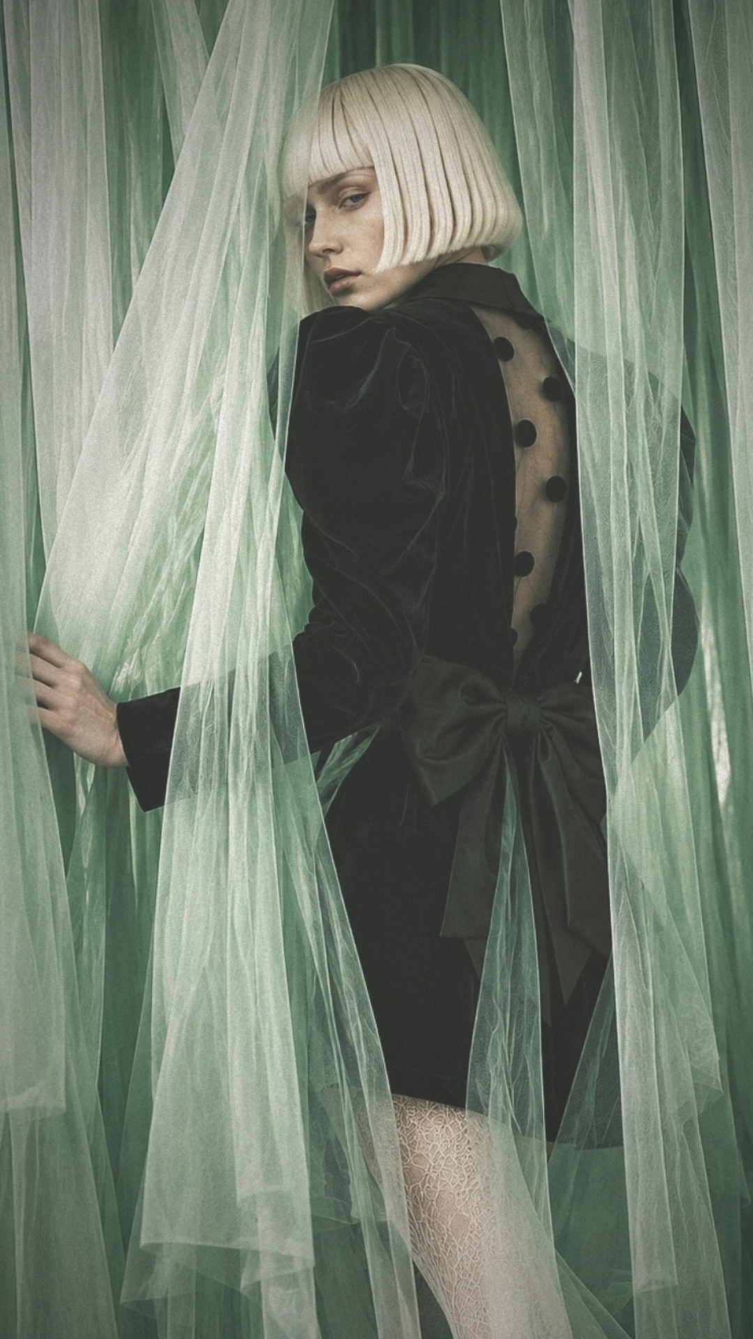 Campaign image — 80s Black Velvet Power Dress — Polka Dot Back